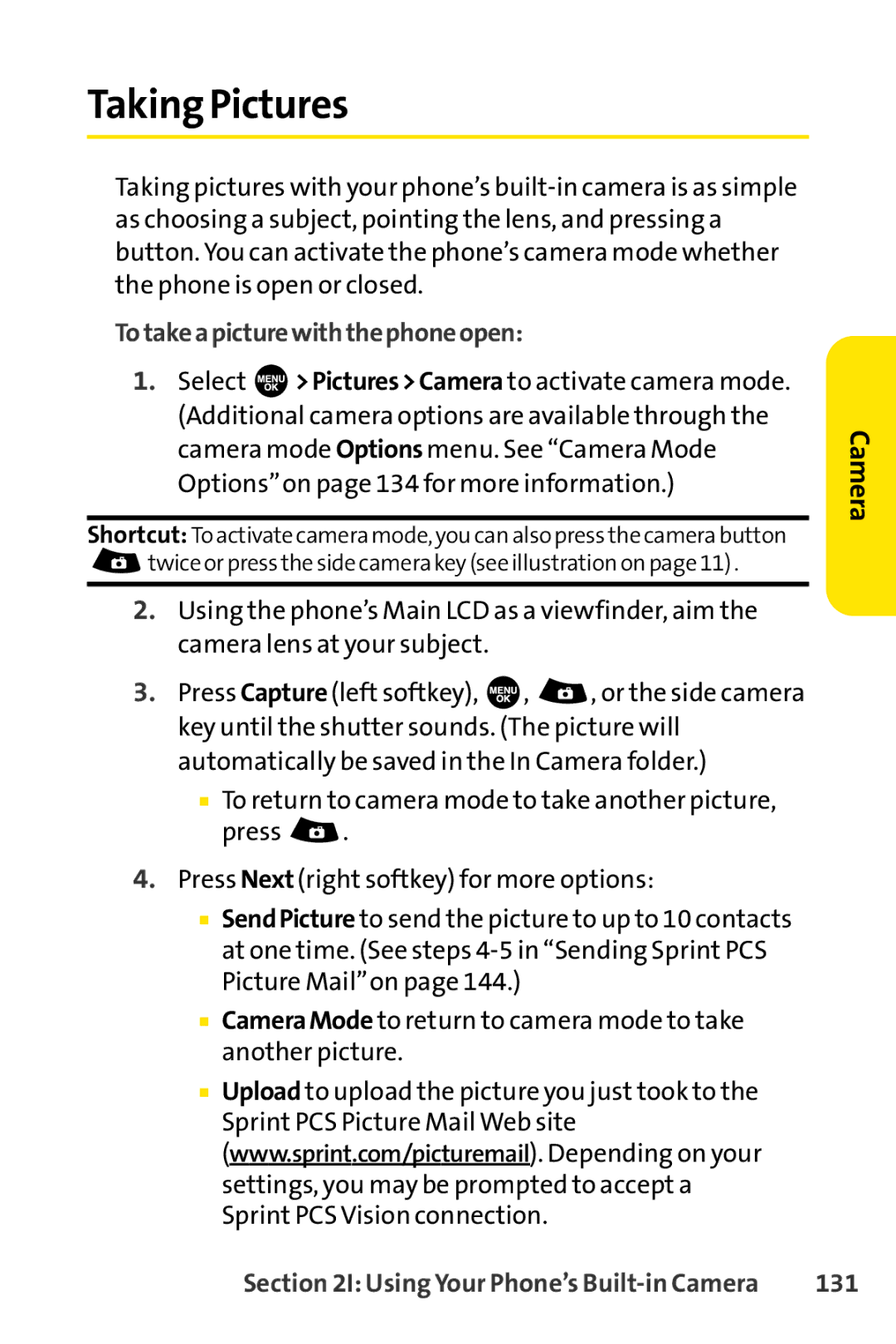 Sprint Nextel SCP-3100 manual Taking Pictures, Totakeapicturewiththephoneopen, 131 