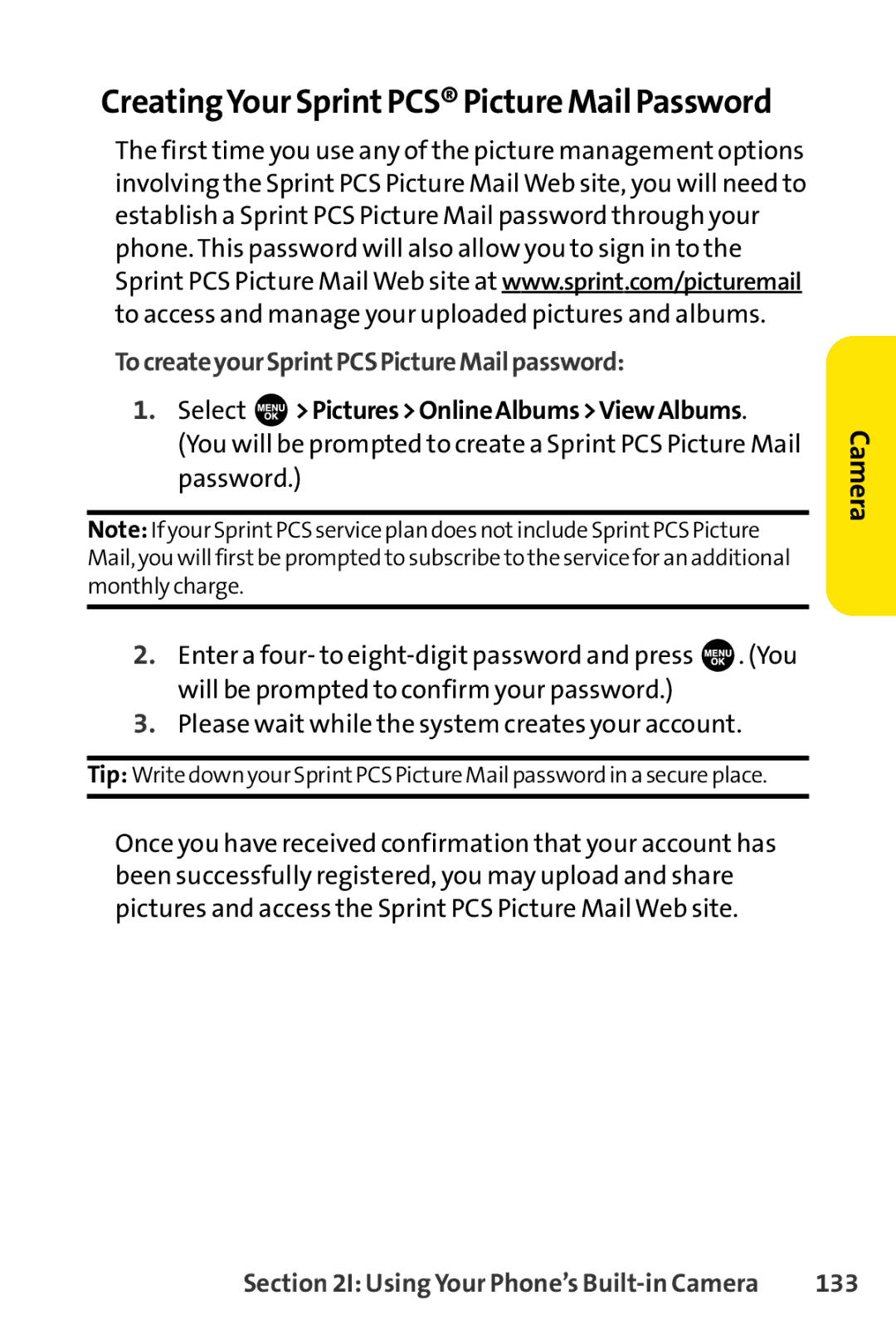 Sprint Nextel SCP-3100 manual CreatingYour SprintPCS Picture MailPassword, TocreateyourSprintPCSPictureMailpassword, 133 