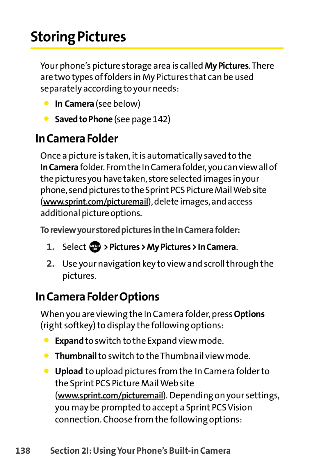 Sprint Nextel SCP-3100 manual Storing Pictures, Camera Folder Options, ToreviewyourstoredpicturesintheInCamerafolder 