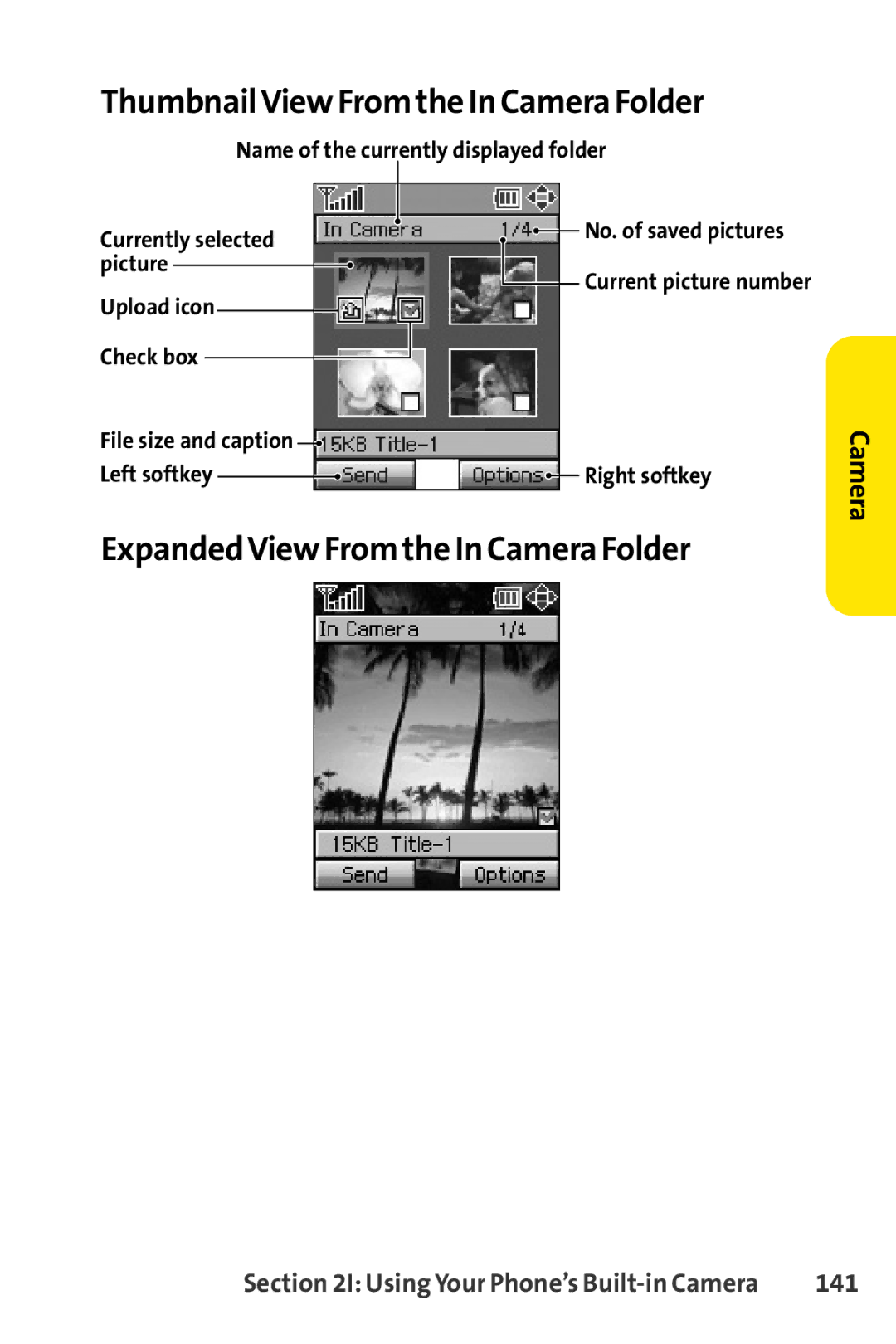 Sprint Nextel SCP-3100 manual ThumbnailView From the In Camera Folder, ExpandedView From the In Camera Folder, 141 