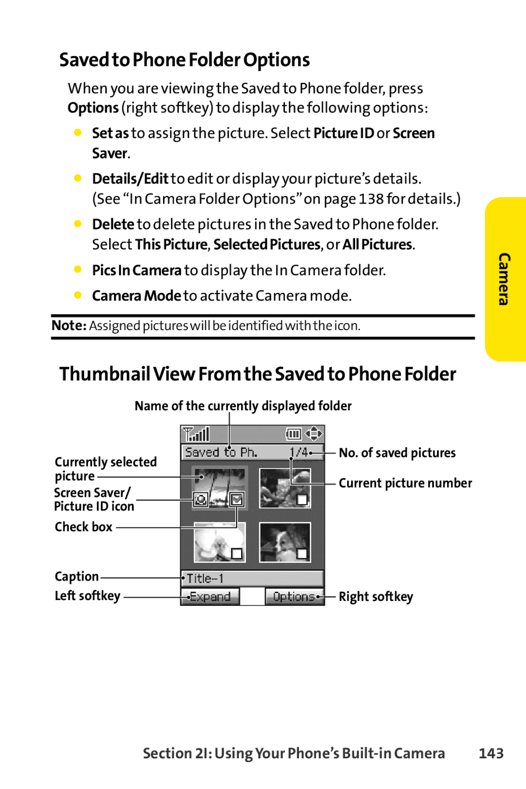 Sprint Nextel SCP-3100 manual Saved to Phone Folder Options, ThumbnailView From the Saved to Phone Folder, 143 