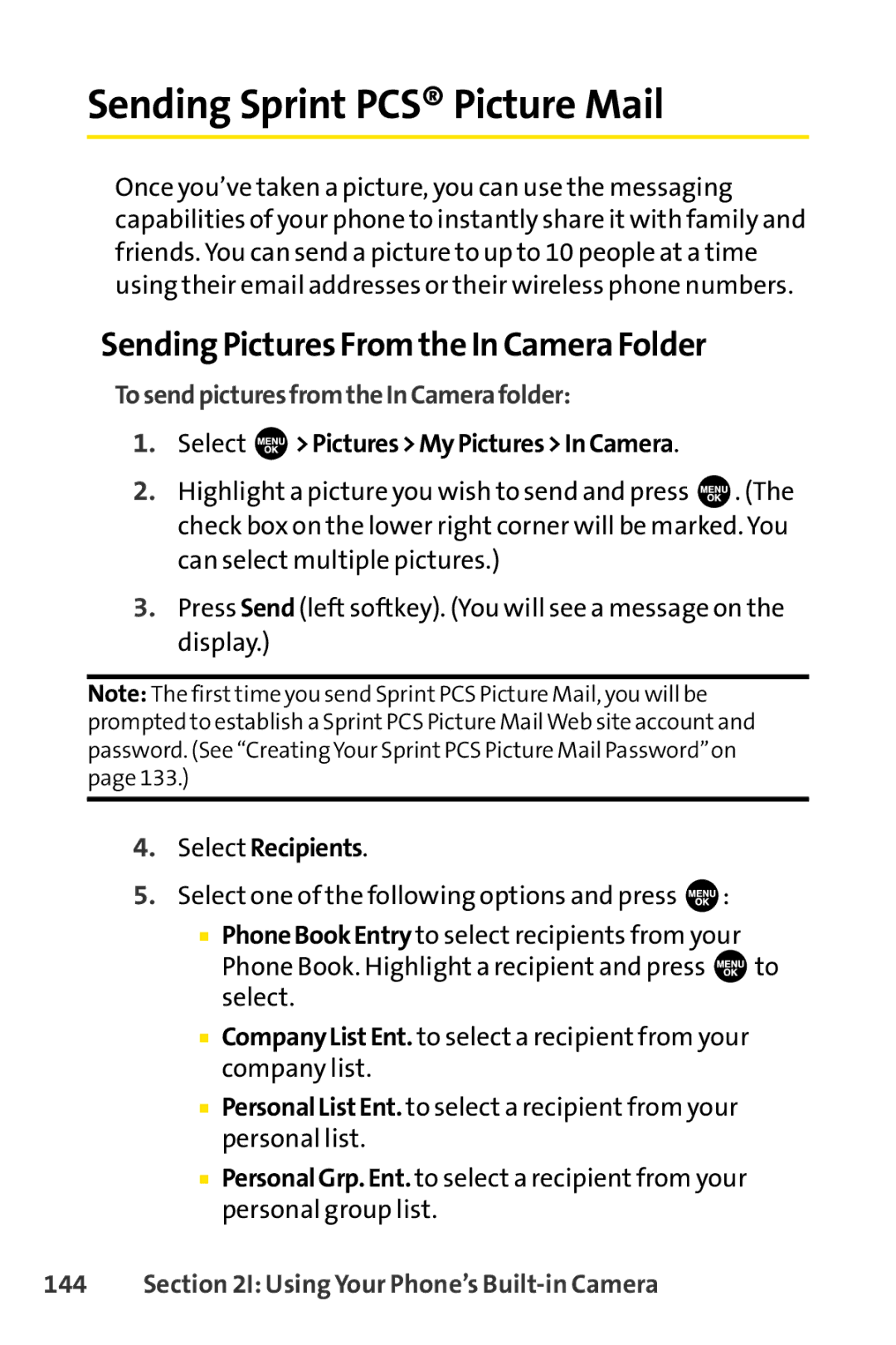 Sprint Nextel SCP-3100 manual Sending Sprint PCS Picture Mail, SendingPictures From the In Camera Folder, Select Recipients 