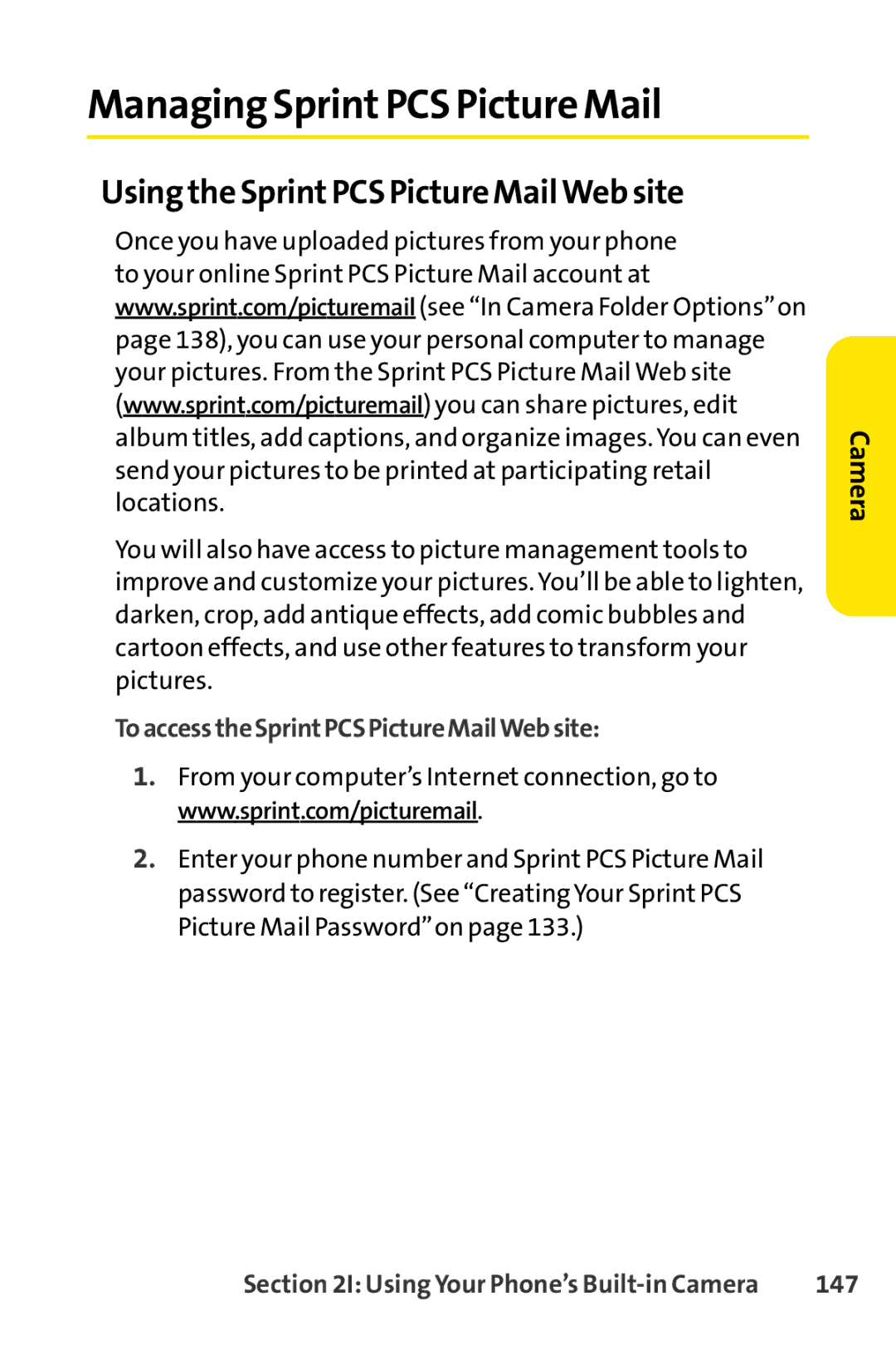 Sprint Nextel SCP-3100 manual Managing SprintPCS Picture Mail, Using the SprintPCS Picture Mail Web site, 147 