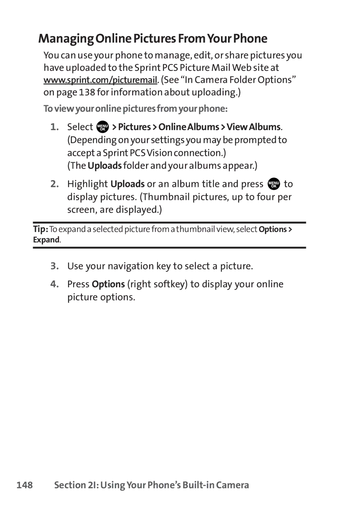 Sprint Nextel SCP-3100 manual Managing Online Pictures FromYour Phone, Toviewyouronlinepicturesfromyourphone 