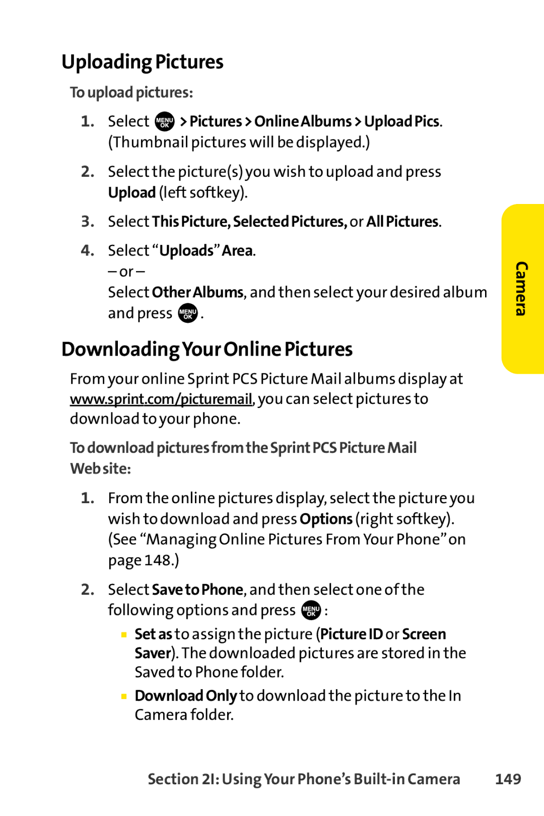 Sprint Nextel SCP-3100 manual Uploading Pictures, DownloadingYour Online Pictures, Touploadpictures, 149 