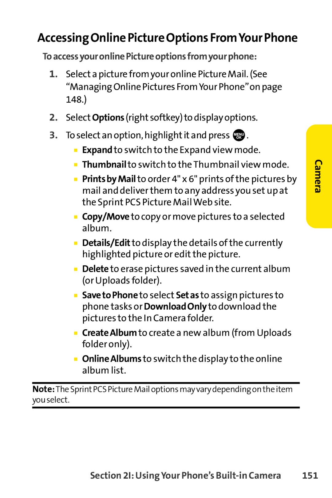 Sprint Nextel SCP-3100 Accessing Online Picture Options FromYour Phone, ToaccessyouronlinePictureoptionsfromyourphone, 151 