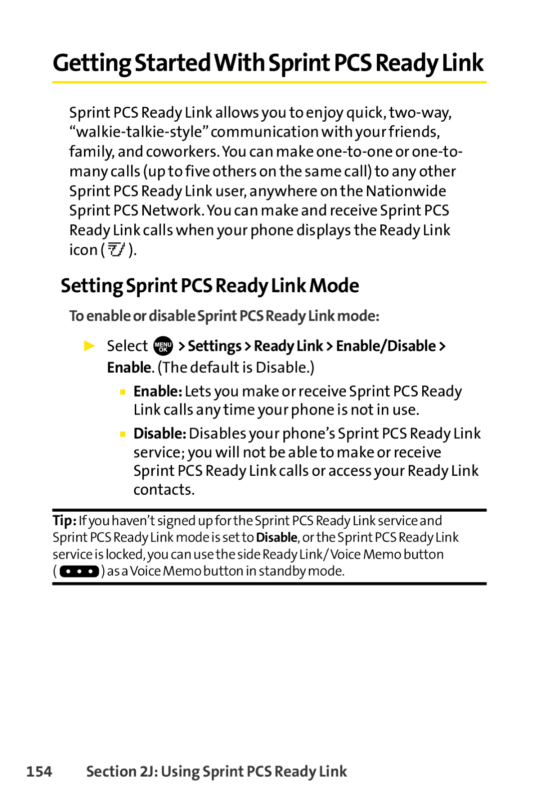 Sprint Nextel SCP-3100 manual Setting SprintPCS Ready Link Mode, ToenableordisableSprintPCSReadyLinkmode 