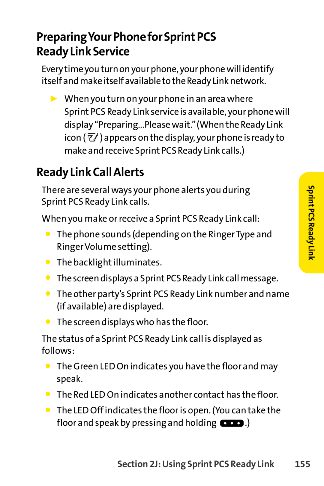 Sprint Nextel SCP-3100 manual PreparingYour Phone for SprintPCS Ready Link Service, Ready Link Call Alerts, 155 