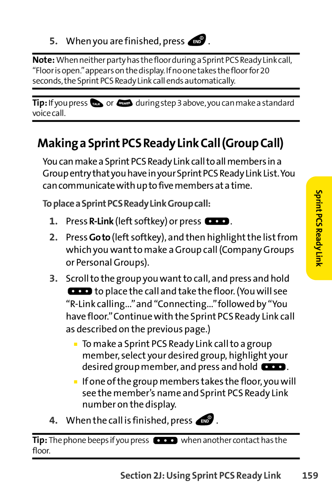 Sprint Nextel SCP-3100 manual Making a SprintPCS Ready Link Call Group Call, When you are finished, press, 159 