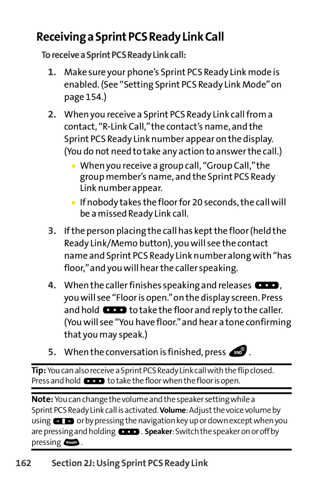 Sprint Nextel SCP-3100 manual Receivinga SprintPCS Ready Link Call, ToreceiveaSprintPCSReadyLinkcall 