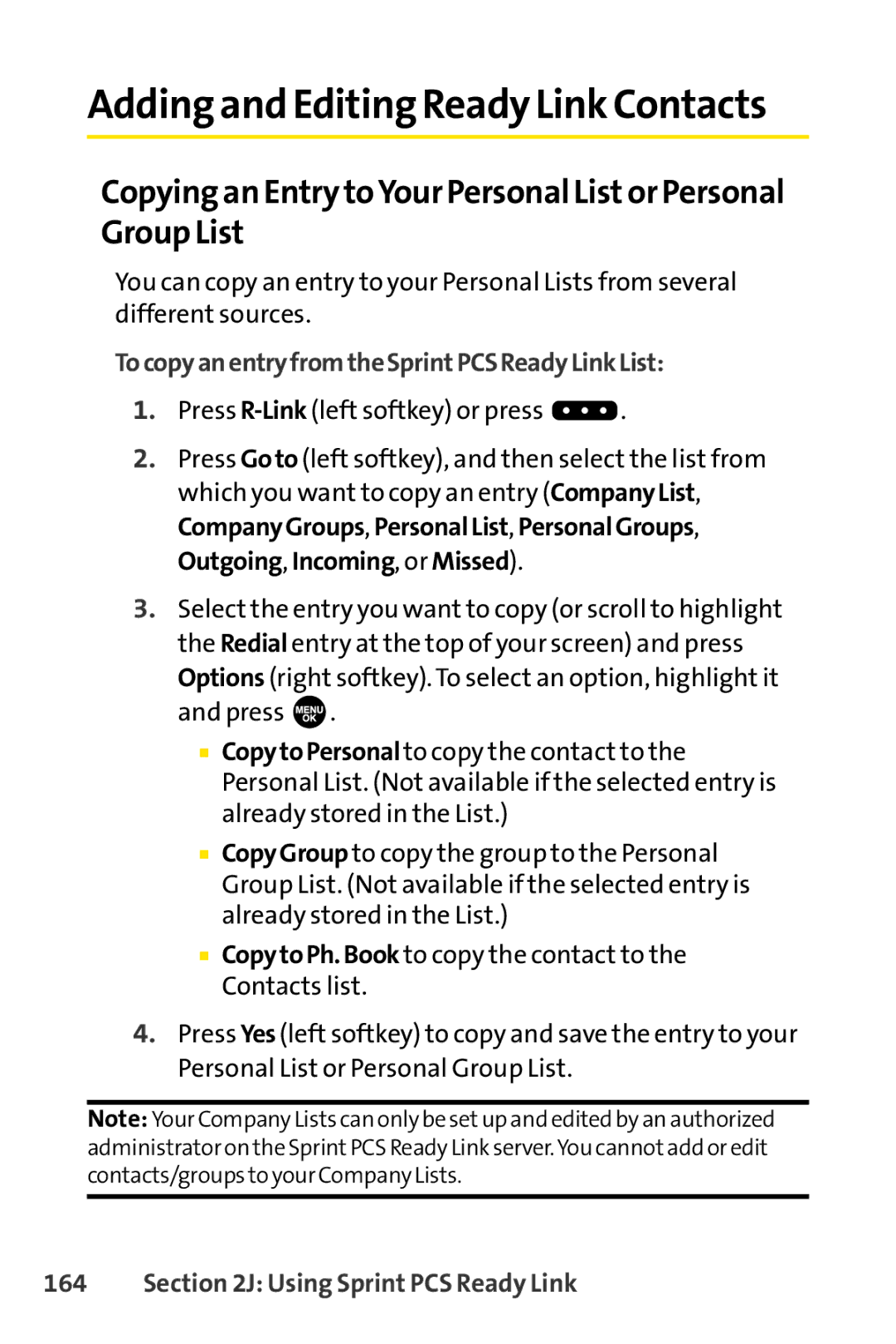 Sprint Nextel SCP-3100 manual Copying an Entry toYour Personal Listor Personal Group List 