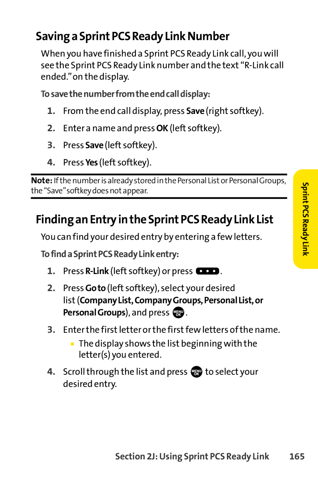 Sprint Nextel SCP-3100 manual Saving a SprintPCS Ready Link Number, Finding an Entry in the SprintPCS Ready Link List, 165 