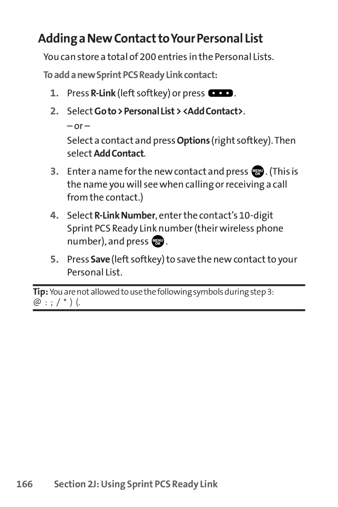 Sprint Nextel SCP-3100 manual Adding a New ContacttoYour Personal List, ToaddanewSprintPCSReadyLinkcontact 