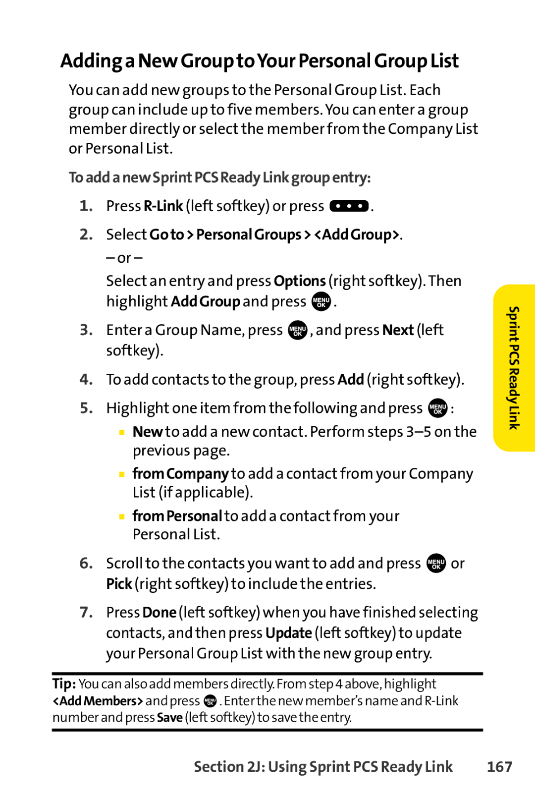 Sprint Nextel SCP-3100 manual Adding a New Group toYour Personal Group List, ToaddanewSprintPCSReadyLinkgroupentry, 167 