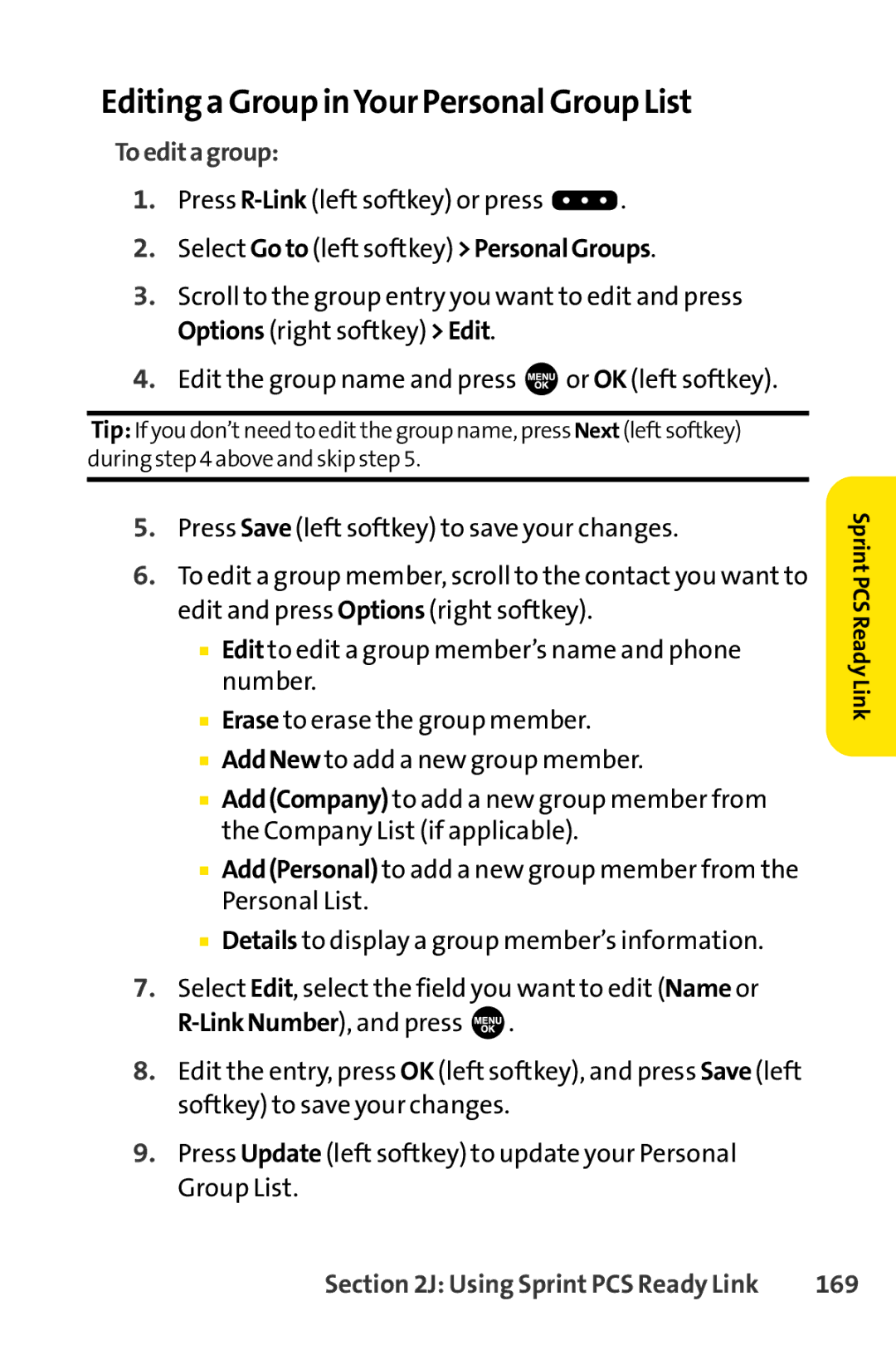 Sprint Nextel SCP-3100 manual Editing a Group inYour Personal Group List, Toeditagroup, 169 