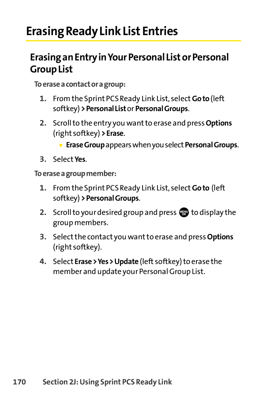 Sprint Nextel SCP-3100 manual ErasingReady Link ListEntries, Erasing an Entry inYour Personal Listor Personal Group List 