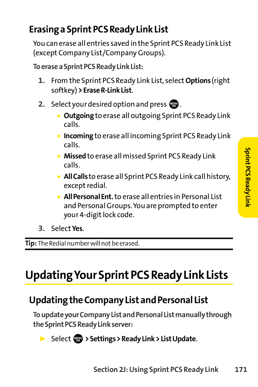 Sprint Nextel SCP-3100 manual Erasing a SprintPCS Ready Link List, Updating the Company Listand Personal List, 171 