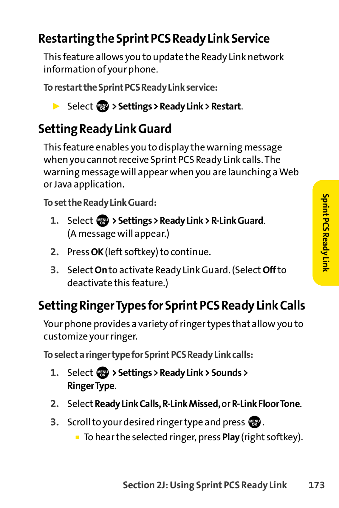 Sprint Nextel SCP-3100 Restarting the SprintPCS Ready Link Service, Setting Ready Link Guard, TosettheReadyLinkGuard, 173 