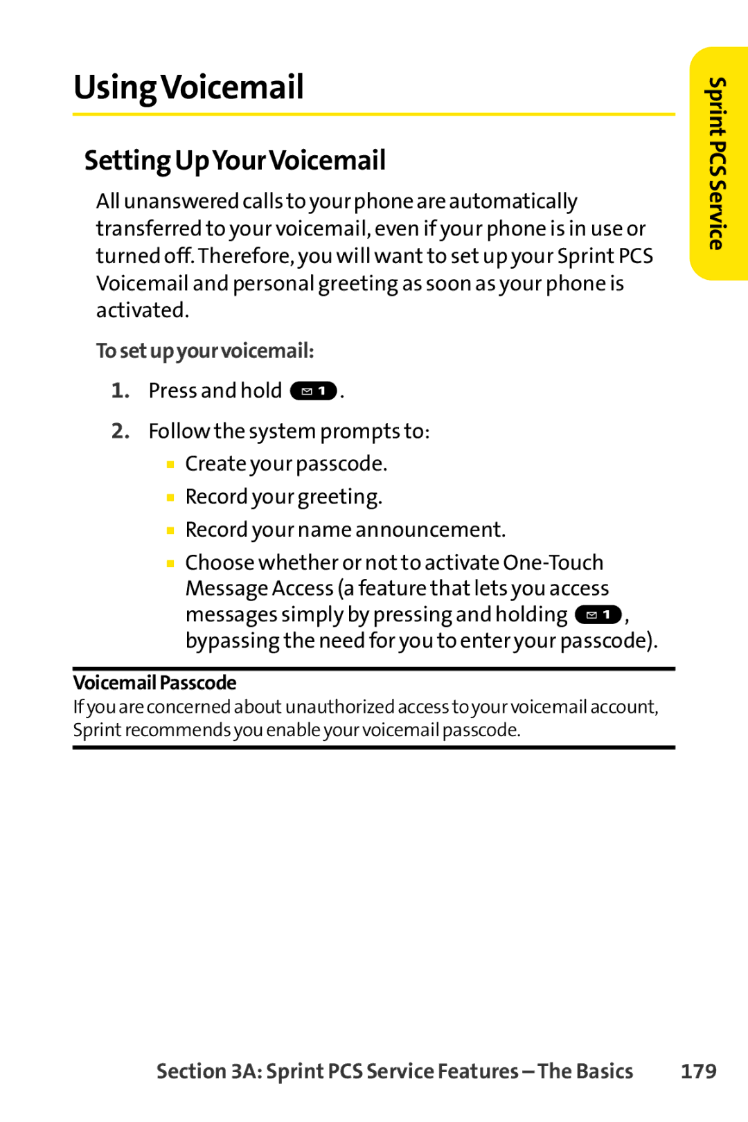 Sprint Nextel SCP-3100 manual UsingVoicemail, Setting UpYourVoicemail, 179 