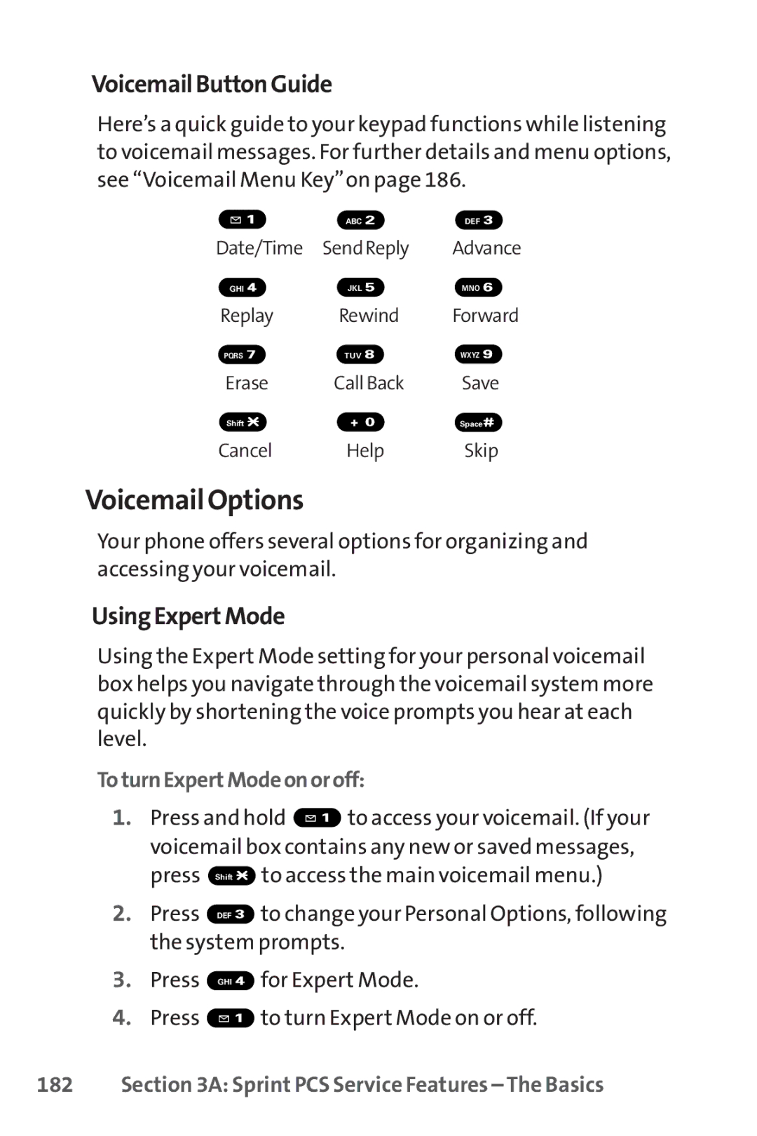 Sprint Nextel SCP-3100 manual Voicemail Options, VoicemailButtonGuide, UsingExpertMode, ToturnExpertModeonoroff 