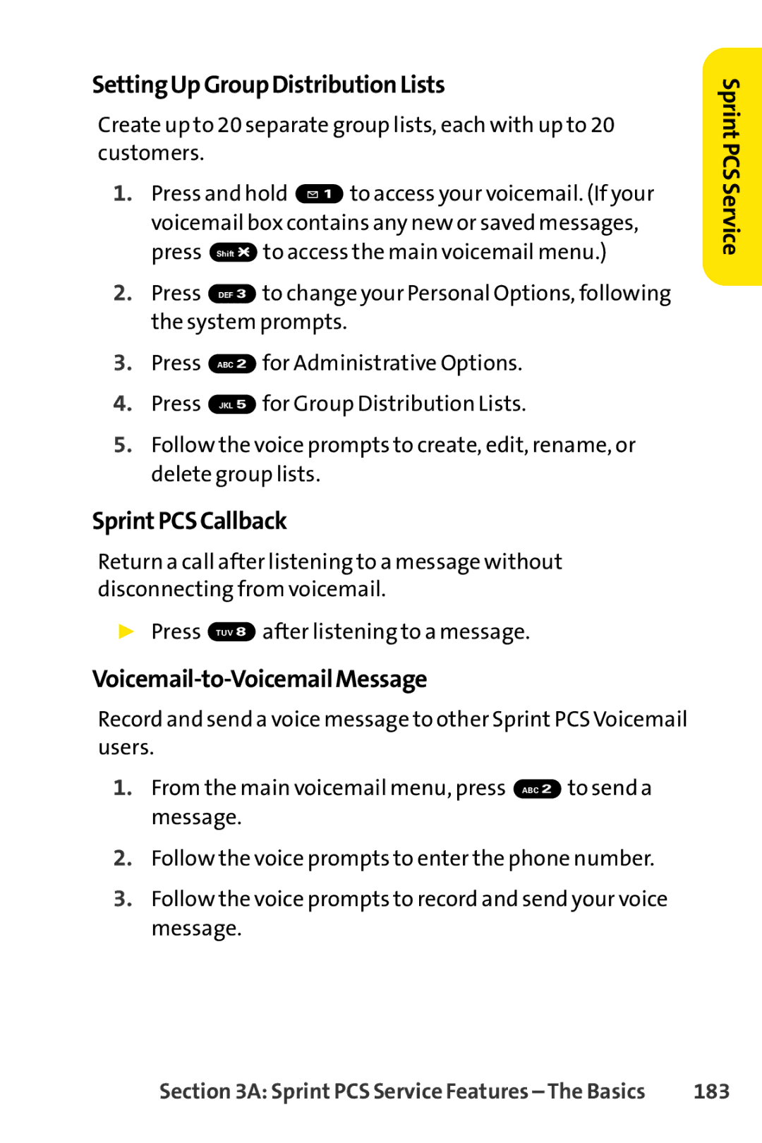 Sprint Nextel SCP-3100 manual SettingUpGroupDistributionLists, SprintPCSCallback, Voicemail-to-VoicemailMessage, 183 