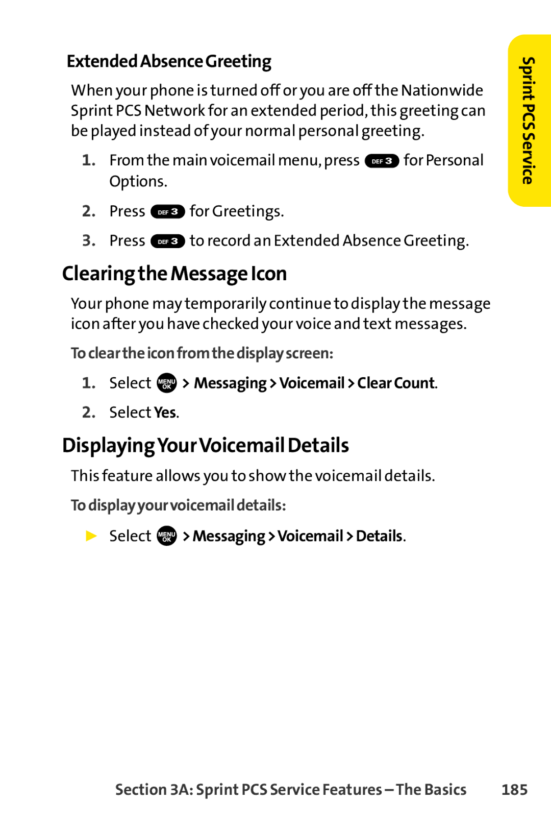 Sprint Nextel SCP-3100 manual Clearing the Message Icon, DisplayingYourVoicemail Details, ExtendedAbsenceGreeting 