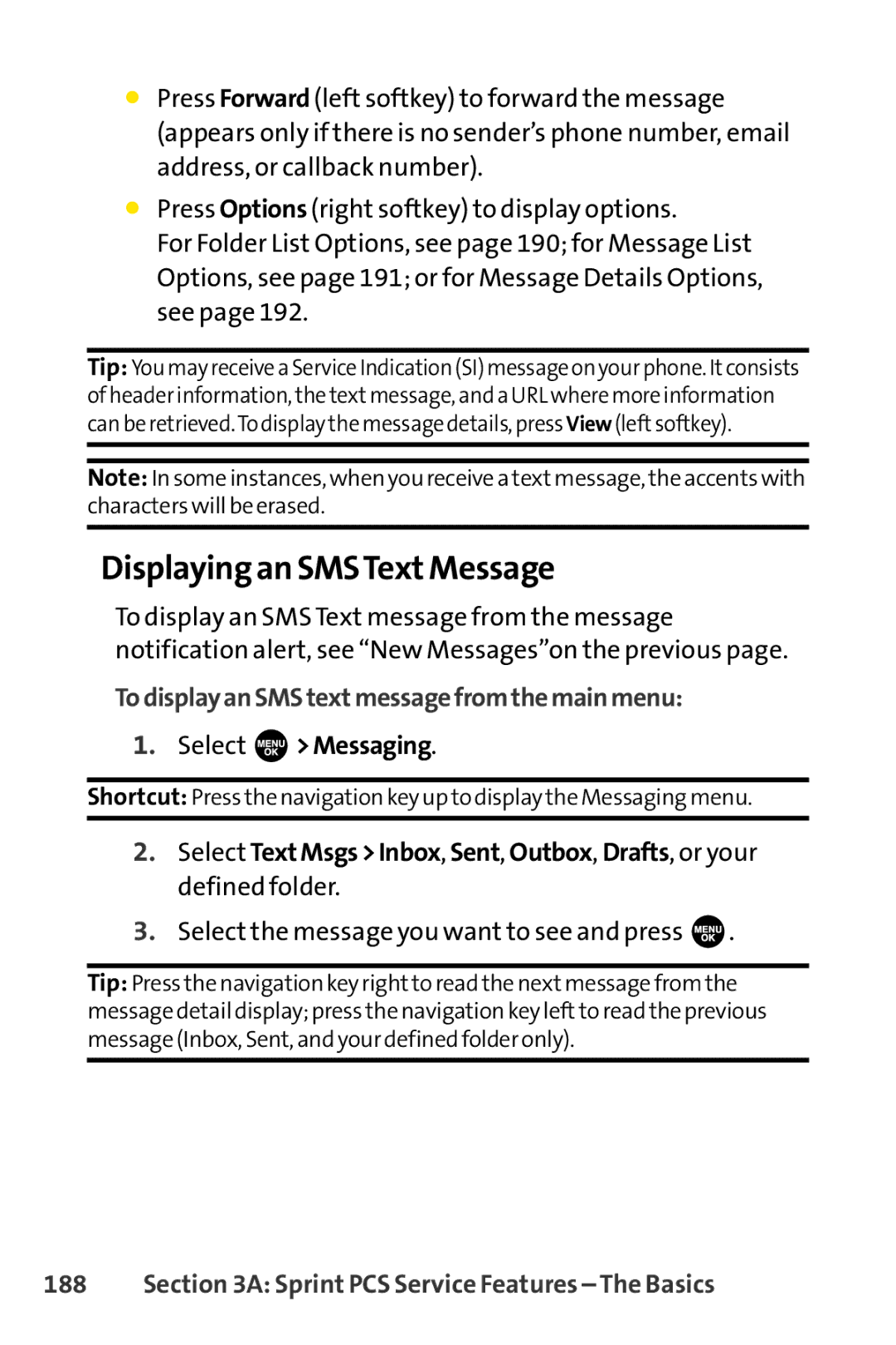 Sprint Nextel SCP-3100 manual Displaying an SMSTextMessage, TodisplayanSMStextmessagefromthemainmenu, Select Messaging 