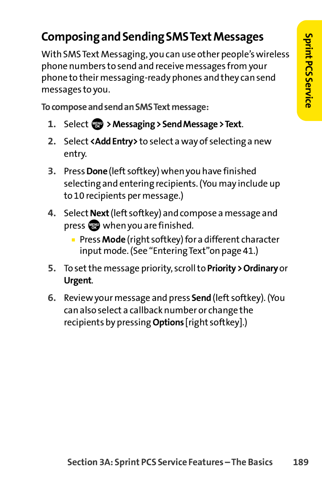 Sprint Nextel SCP-3100 manual Composing and Sending SMSTextMessages, TocomposeandsendanSMSTextmessage, 189 