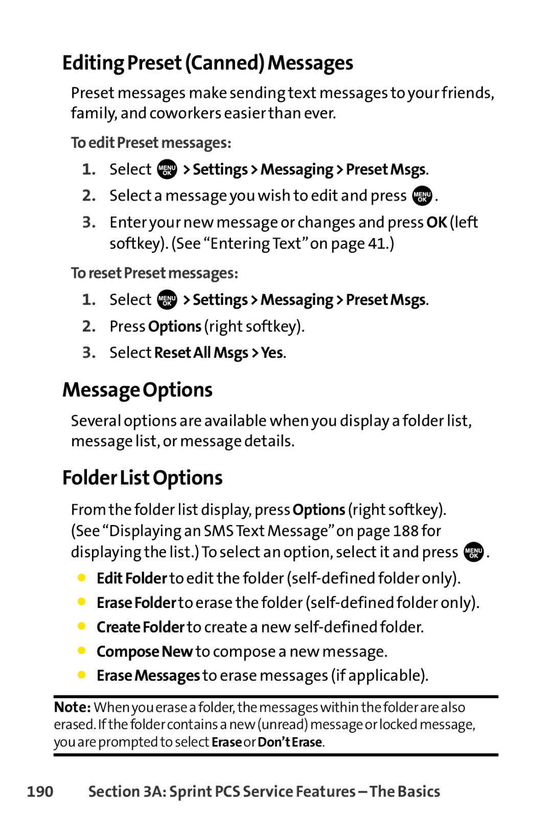 Sprint Nextel SCP-3100 manual Editing PresetCanned Messages, Message Options, Folder ListOptions, ToeditPresetmessages 