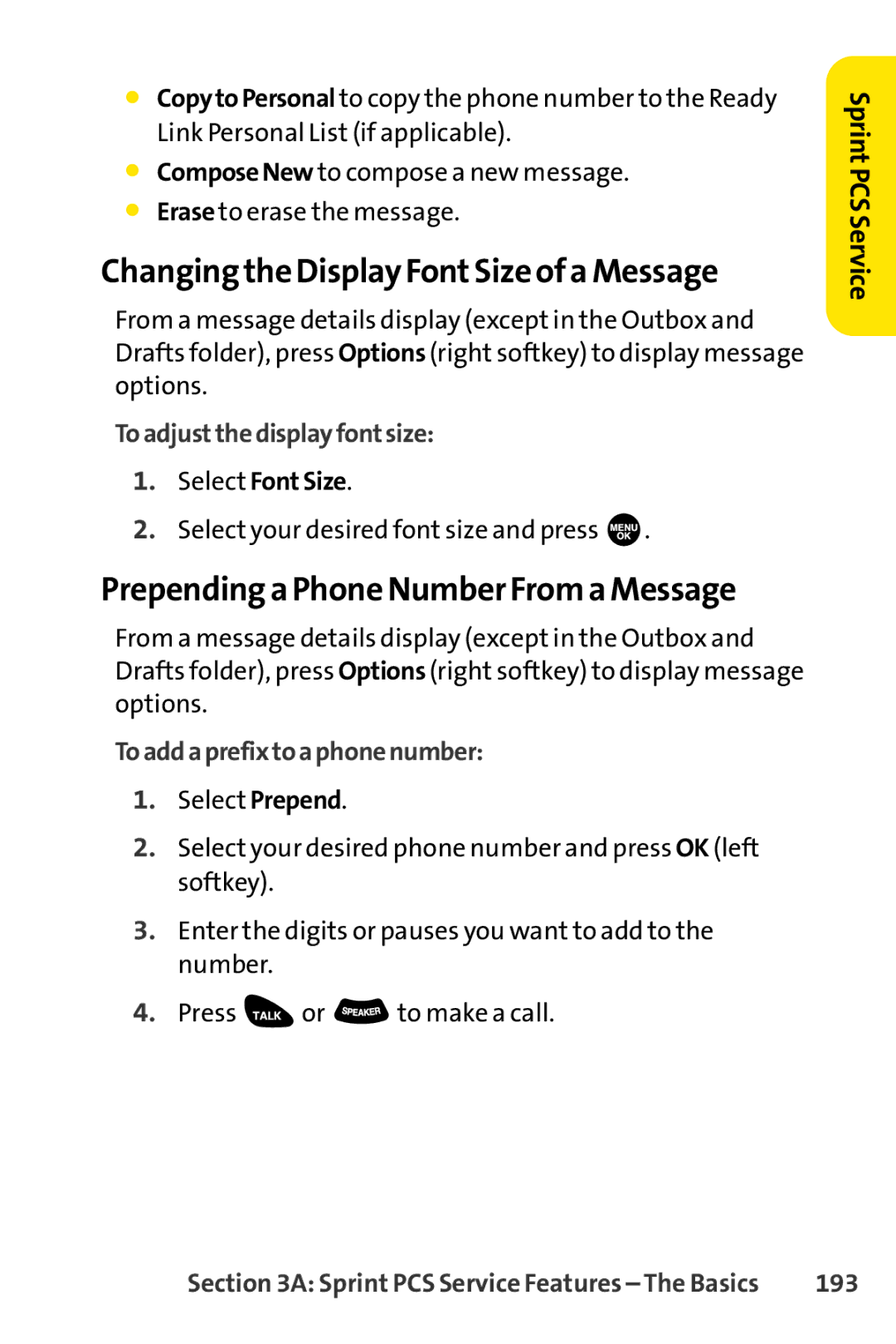 Sprint Nextel SCP-3100 manual Changing the Display FontSize of a Message, Prepending a Phone Number From a Message, 193 