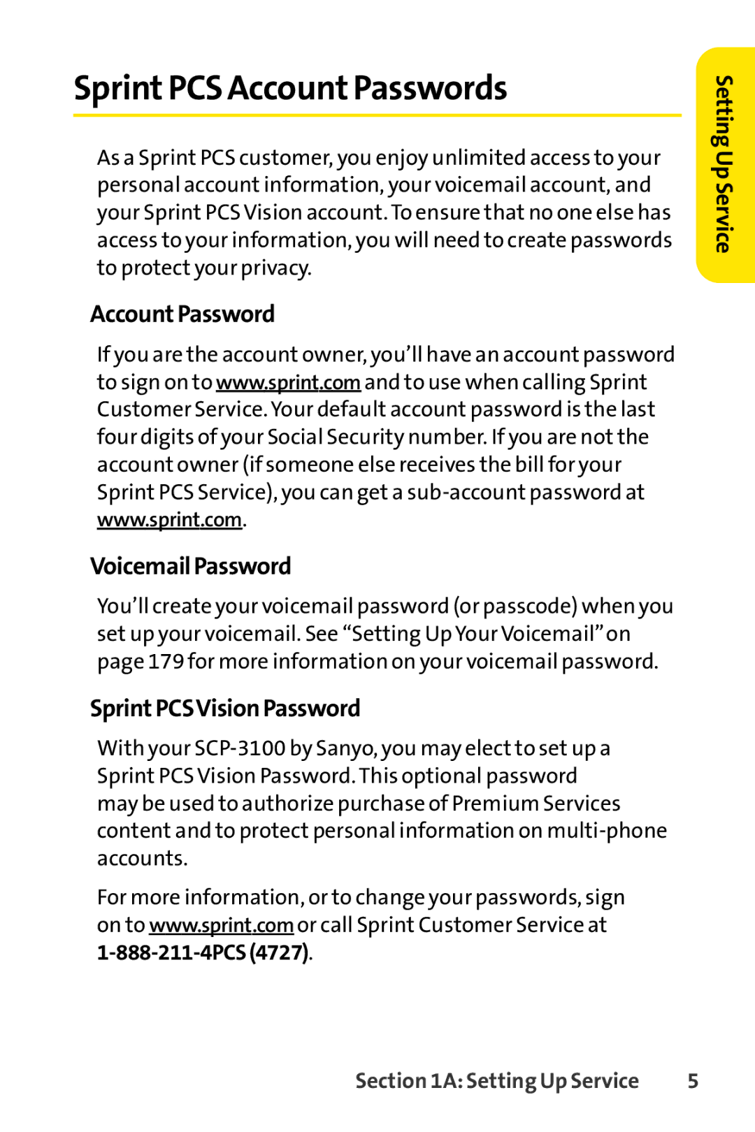 Sprint Nextel SCP-3100 manual SprintPCS AccountPasswords, Account Password VoicemailPassword, SprintPCSVisionPassword 