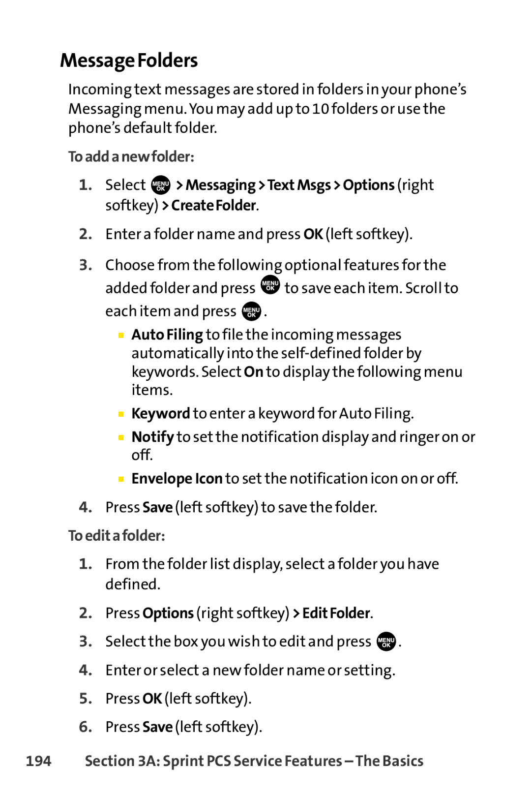 Sprint Nextel SCP-3100 manual Message Folders, Toaddanewfolder, Select MessagingTextMsgsOptions right softkey CreateFolder 