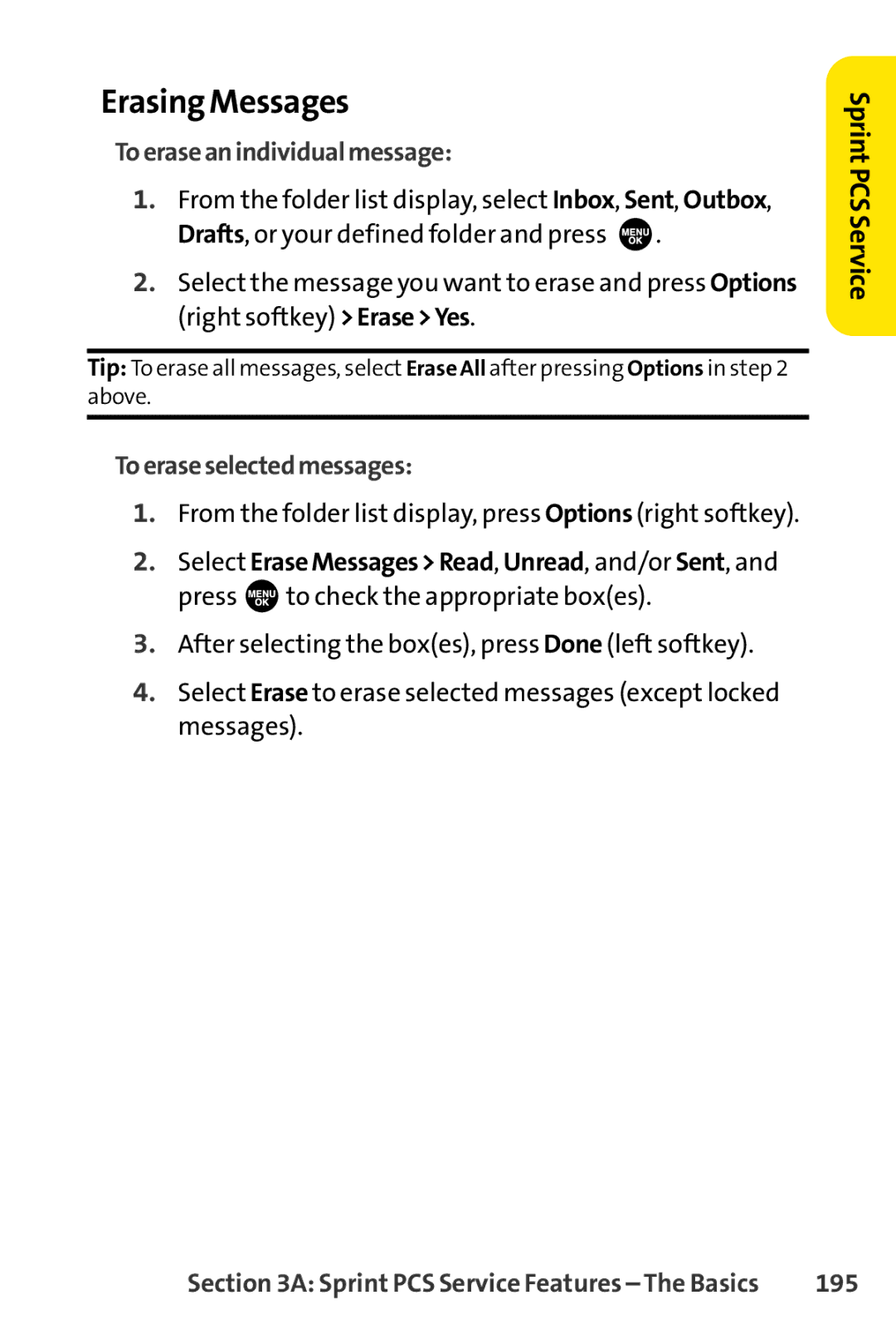 Sprint Nextel SCP-3100 manual Erasing Messages, Toeraseanindividualmessage, Toeraseselectedmessages, 195 