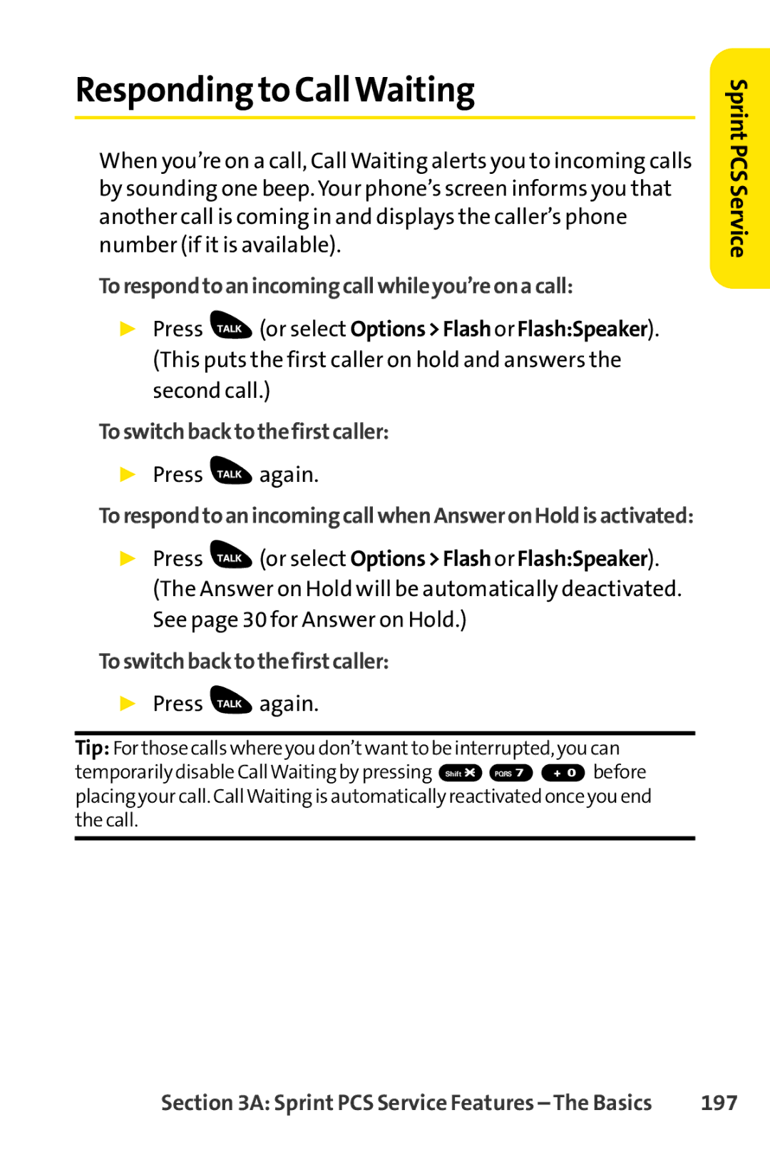 Sprint Nextel SCP-3100 manual Responding to CallWaiting, Torespondtoanincomingcallwhileyou’reonacall, Press again, 197 