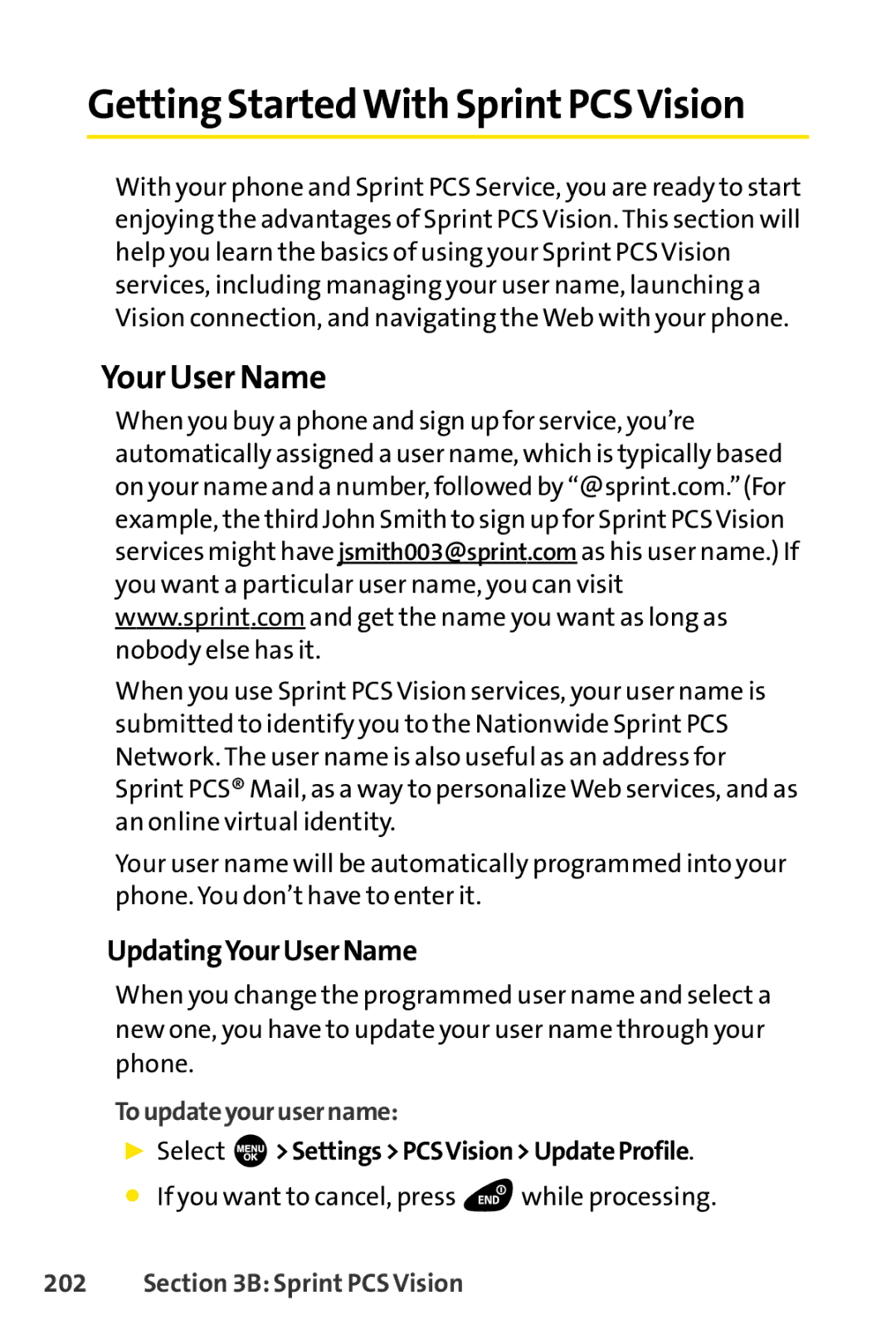 Sprint Nextel SCP-3100 Getting StartedWith SprintPCSVision, Your User Name, UpdatingYourUserName, Toupdateyourusername 