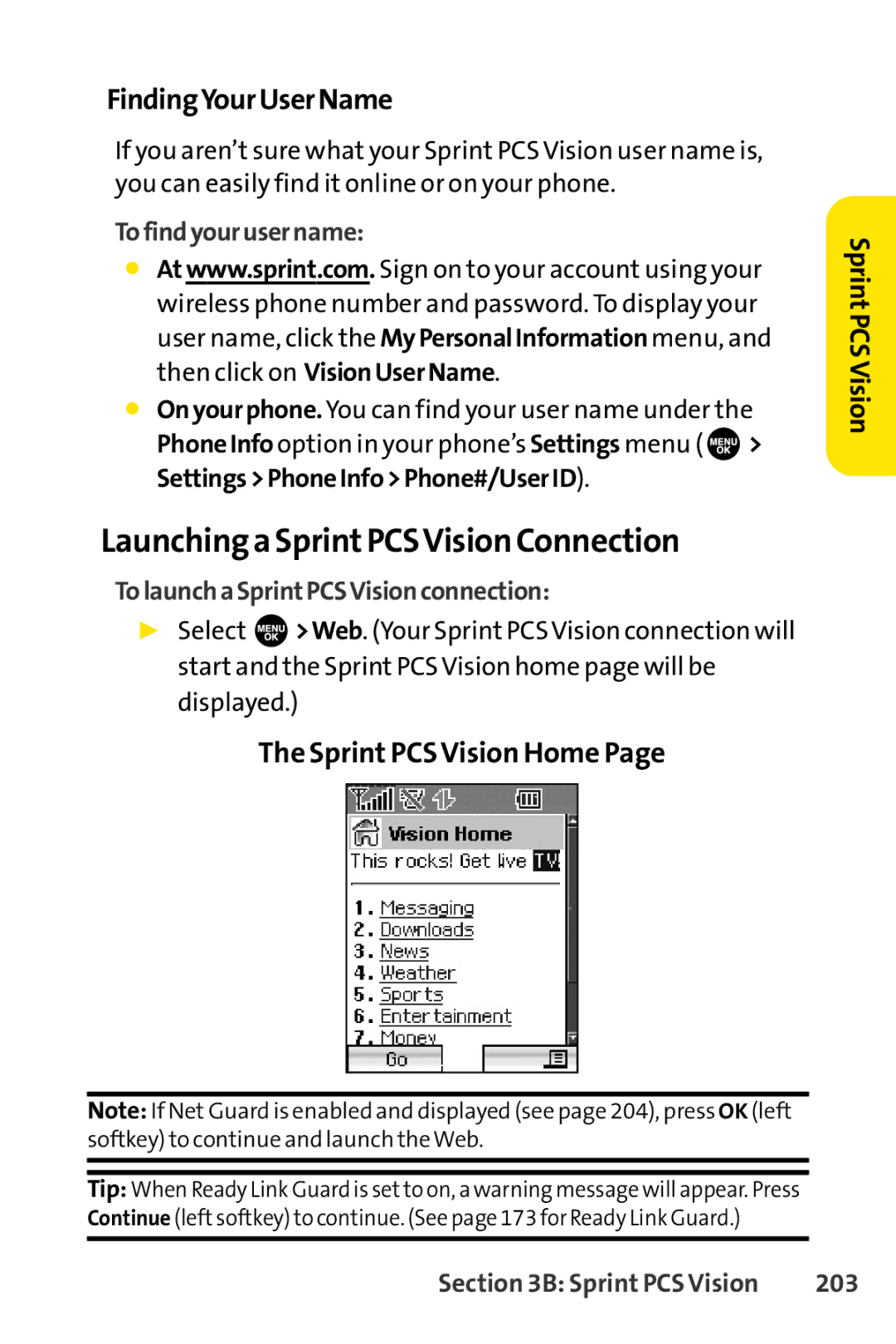 Sprint Nextel SCP-3100 manual Launchinga SprintPCSVision Connection, FindingYourUserName, Sprint PCSVision Home 