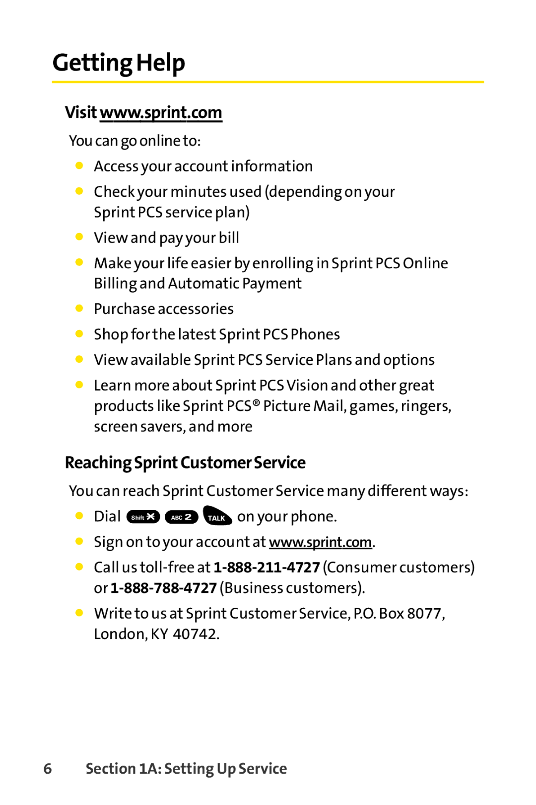 Sprint Nextel SCP-3100 manual Getting Help, ReachingSprintCustomerService 