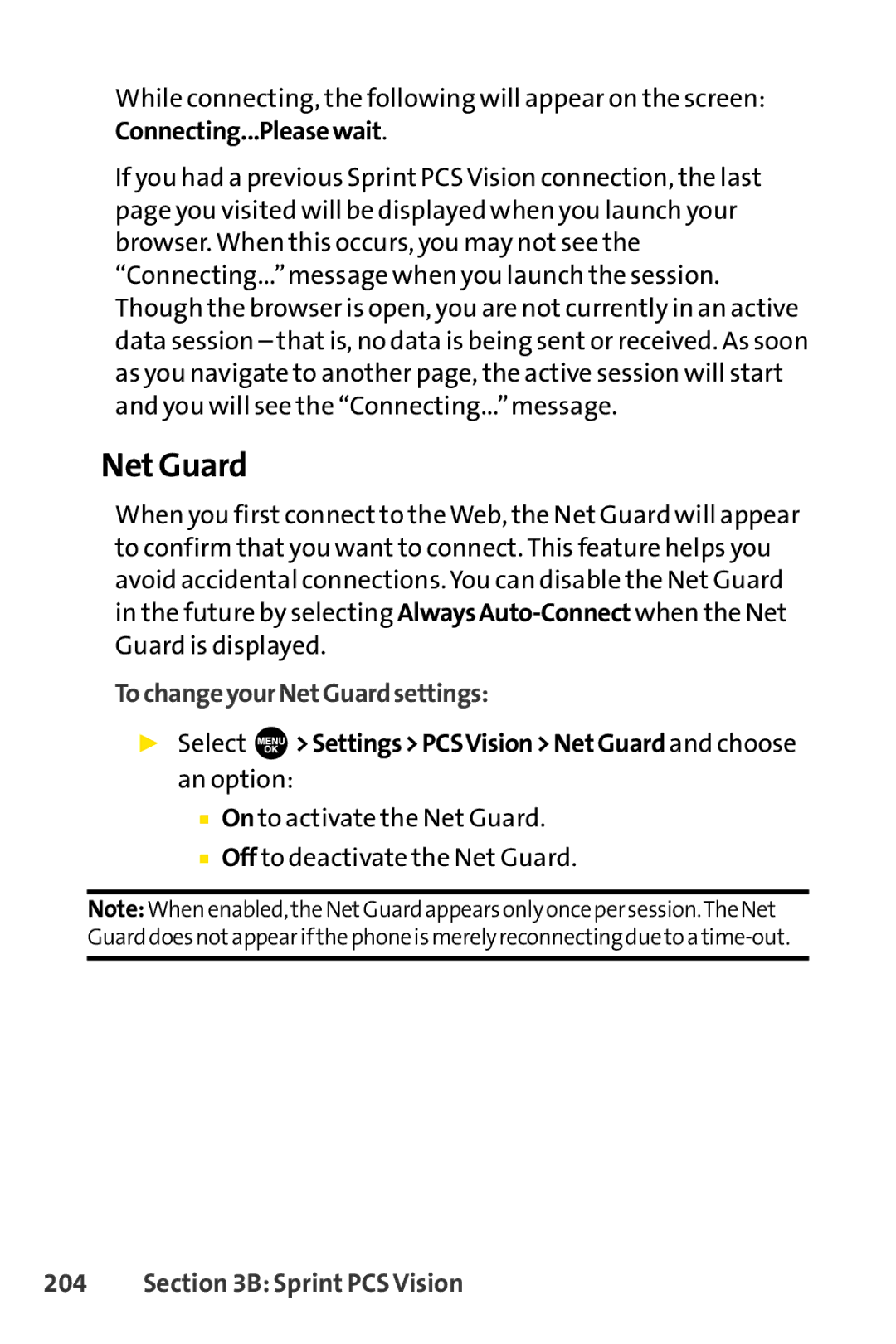 Sprint Nextel SCP-3100 Net Guard, TochangeyourNetGuardsettings, Select SettingsPCSVisionNetGuard and choose an option 