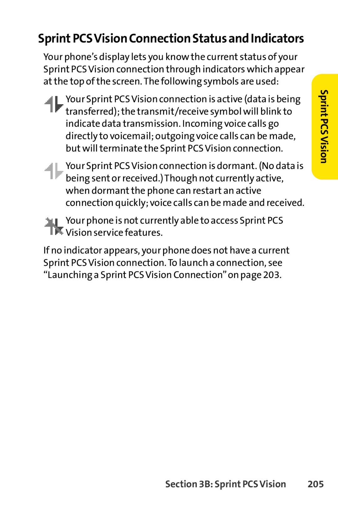 Sprint Nextel SCP-3100 manual SprintPCSVision Connection Status and Indicators, 205 