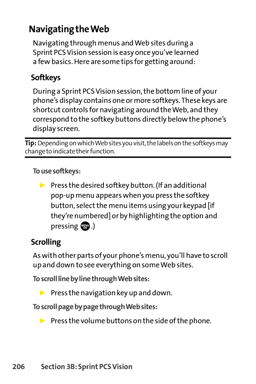 Sprint Nextel SCP-3100 manual Navigating theWeb, Softkeys, Scrolling 