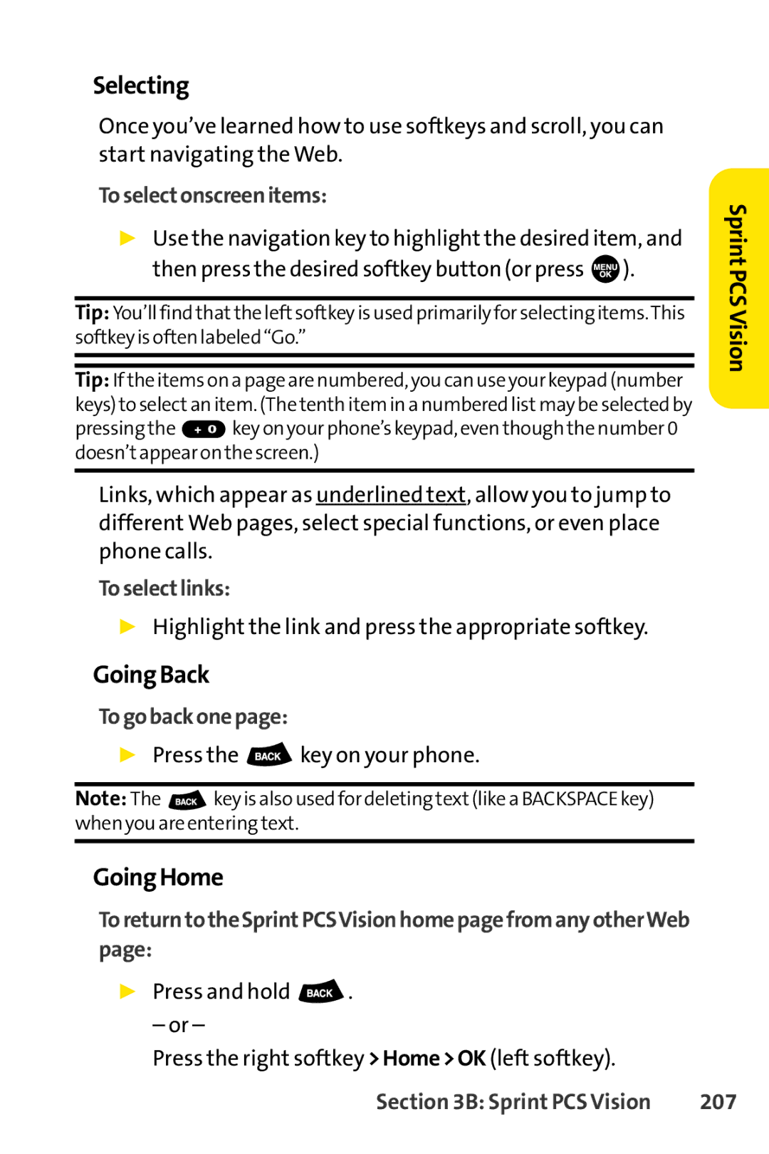 Sprint Nextel SCP-3100 manual Selecting, GoingBack, GoingHome 