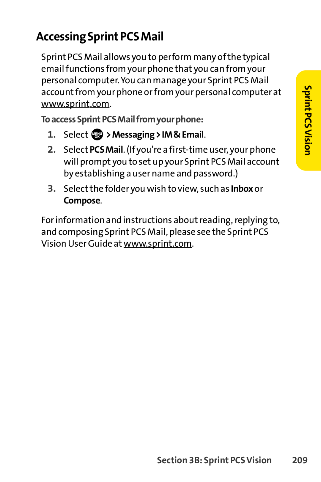 Sprint Nextel SCP-3100 manual Accessing SprintPCS Mail, ToaccessSprintPCSMailfromyourphone, Select MessagingIM&Email, 209 