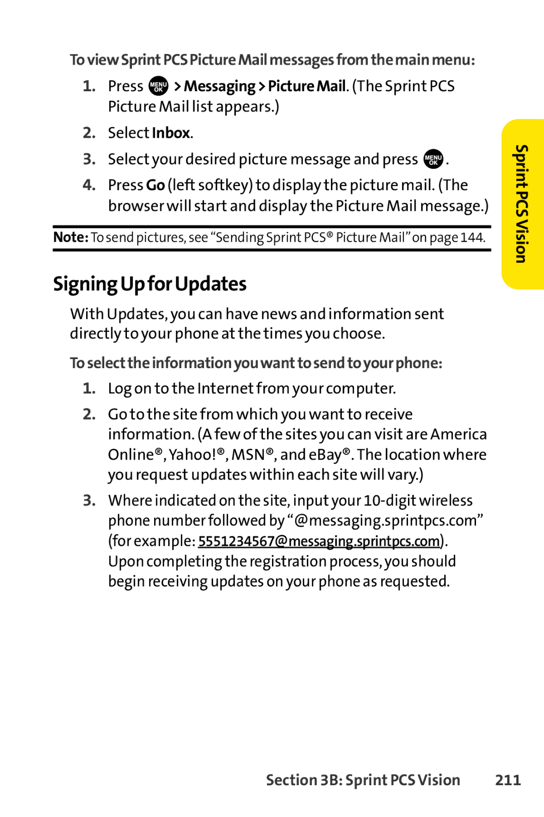 Sprint Nextel SCP-3100 manual SigningUpforUpdates, Select Inbox Select your desired picture message and press, 211 