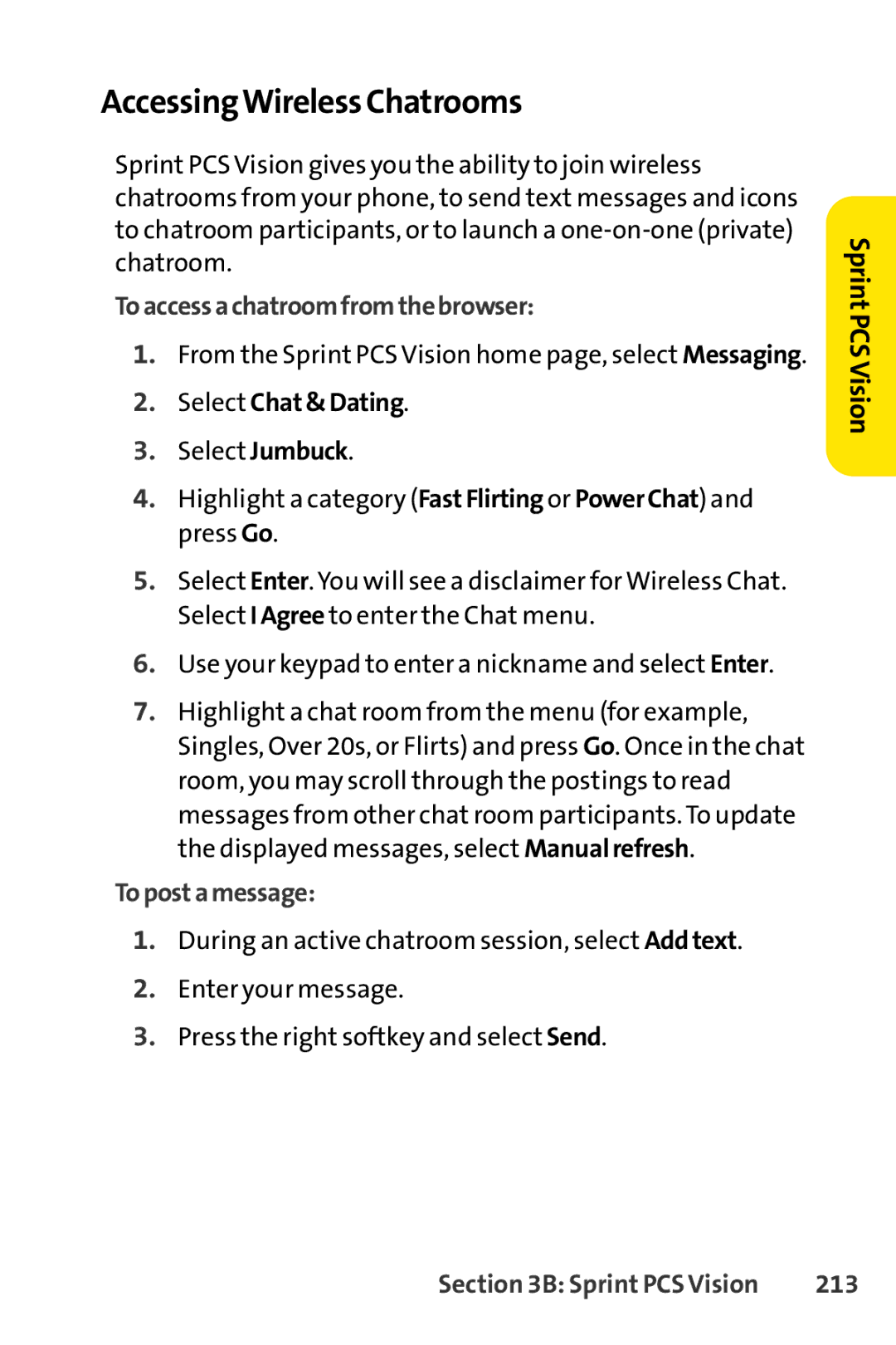 Sprint Nextel SCP-3100 AccessingWirelessChatrooms, Toaccessachatroomfromthebrowser, Select Chat&Dating, Topostamessage 