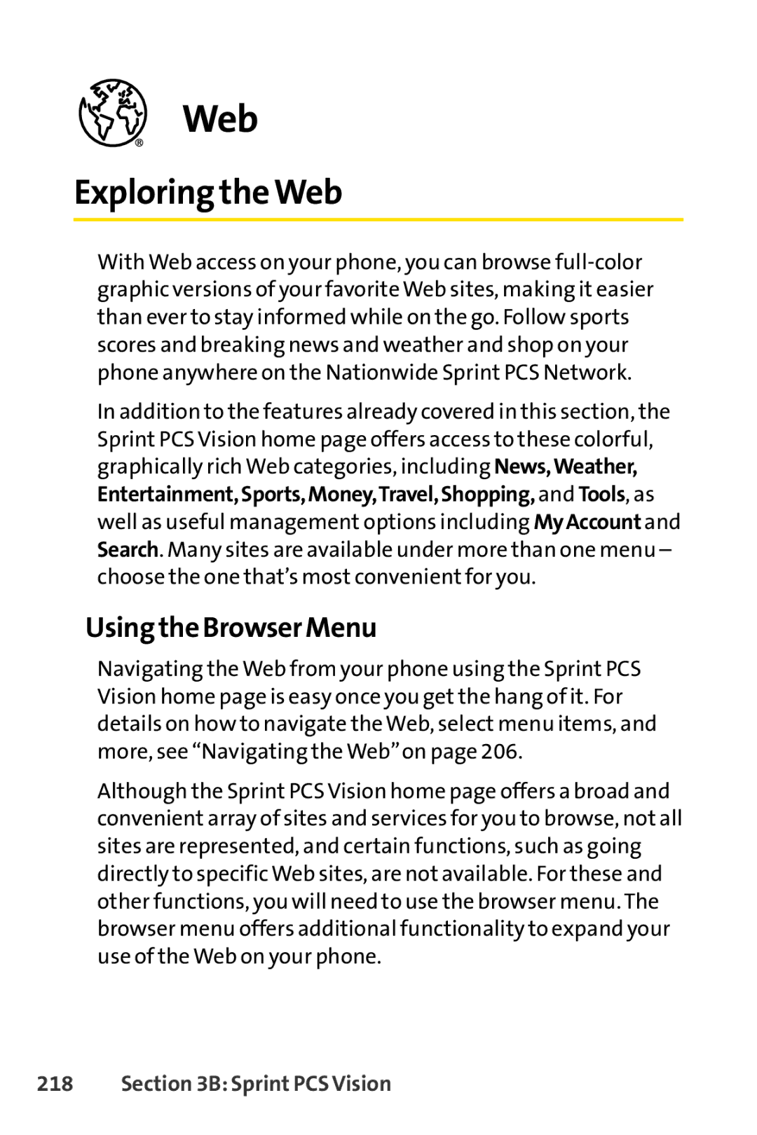 Sprint Nextel SCP-3100 manual Exploring the Web, Using the Browser Menu 