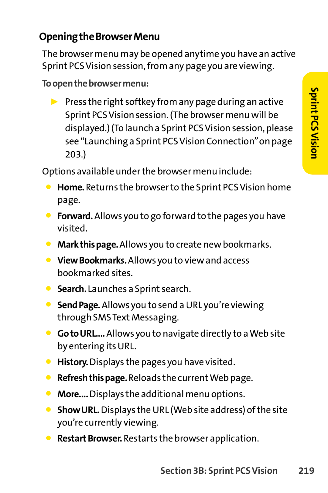 Sprint Nextel SCP-3100 manual OpeningtheBrowserMenu, Toopenthebrowsermenu, 219 