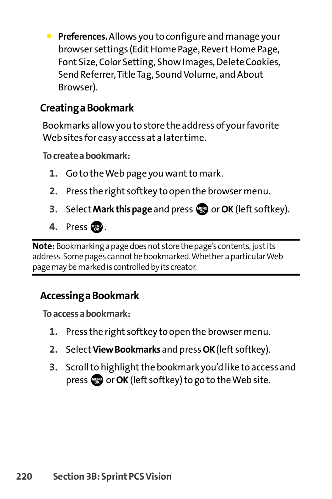 Sprint Nextel SCP-3100 manual CreatingaBookmark, AccessingaBookmark, Tocreateabookmark, Toaccessabookmark 