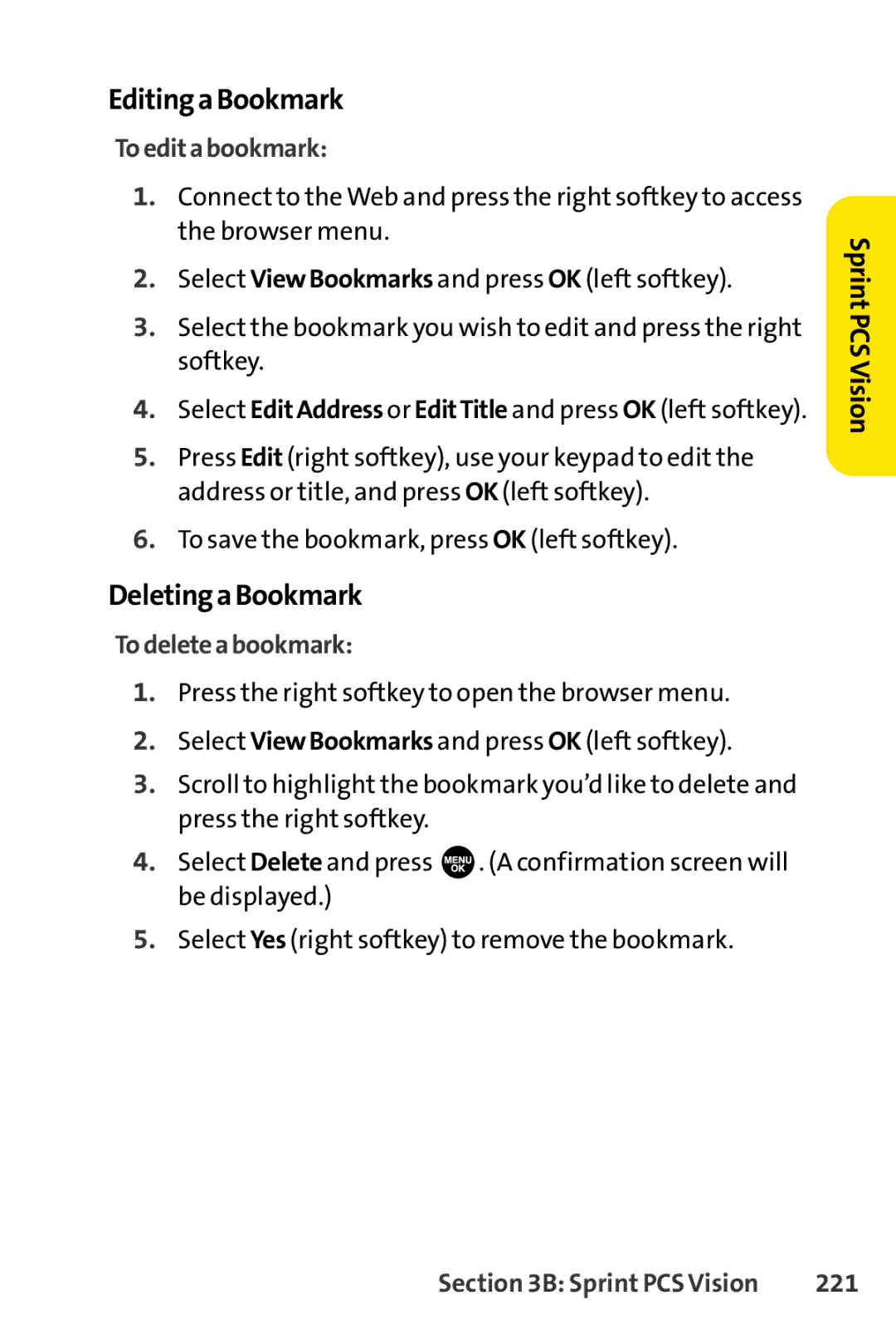 Sprint Nextel SCP-3100 manual EditingaBookmark, DeletingaBookmark, Toeditabookmark, Todeleteabookmark, 221 