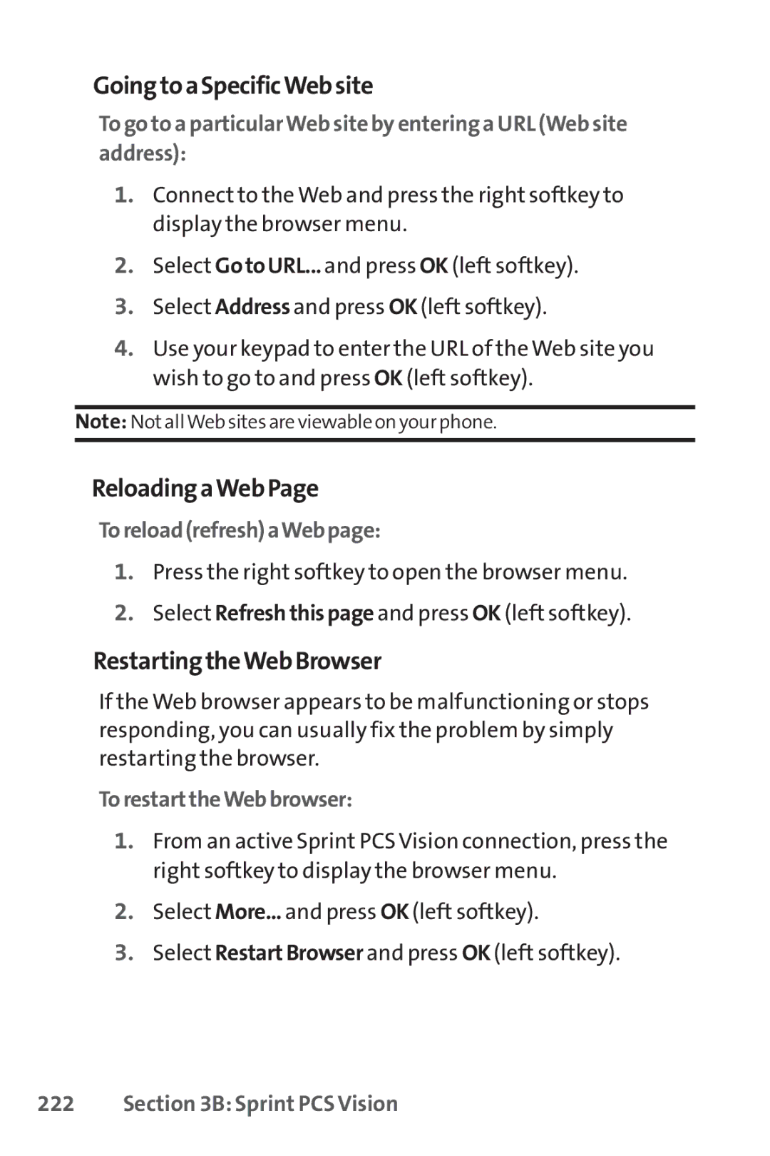 Sprint Nextel SCP-3100 manual GoingtoaSpecificWebsite, ReloadingaWebPage, RestartingtheWebBrowser, ToreloadrefreshaWebpage 