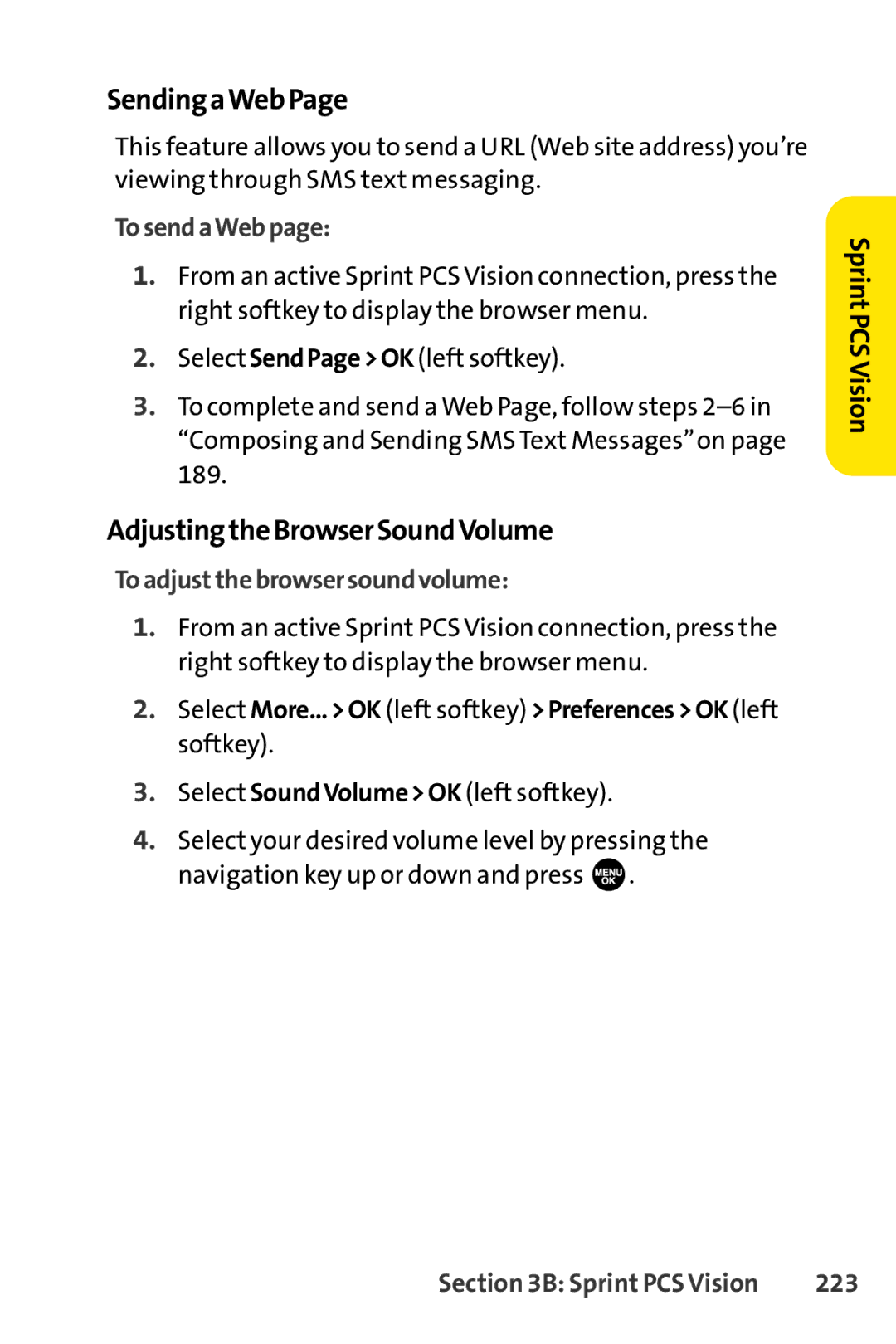 Sprint Nextel SCP-3100 SendingaWebPage, AdjustingtheBrowserSoundVolume, TosendaWebpage, Toadjustthebrowsersoundvolume, 223 